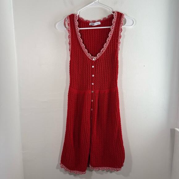 Zara Red White Pointelle Knit Scallop Hem Mini Dress Small Blogger Favorite - Picture 2 of 15